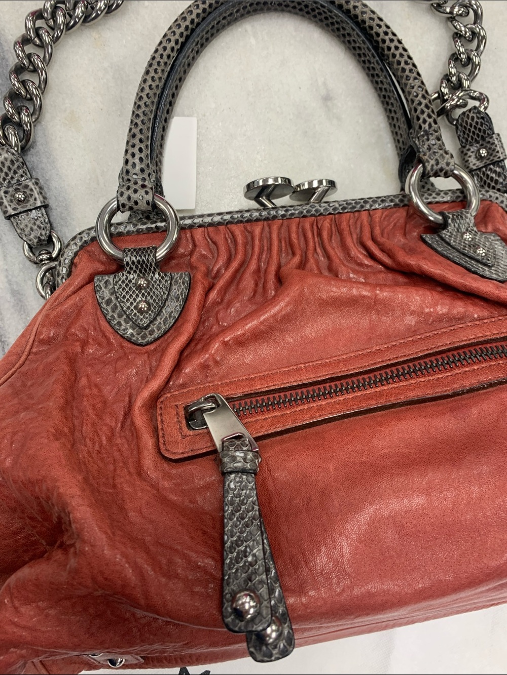 Marc Jacobs Rust Red Leather Shoulder Bag with Gray Snake-Trim and Silver Chain - Picture 3 of 11
